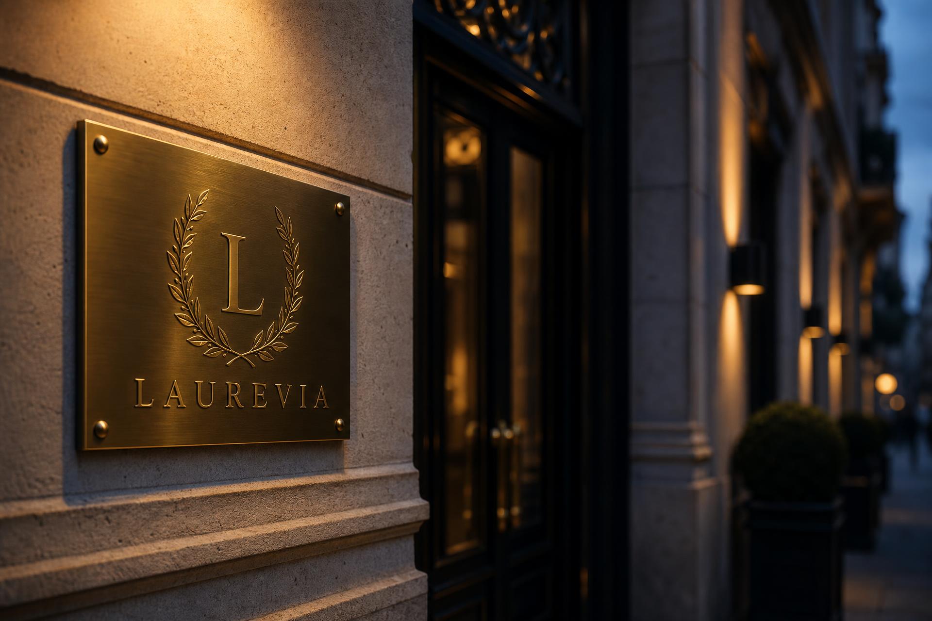 Brass Laurevia plaque mounted on a limestone building facade at dusk