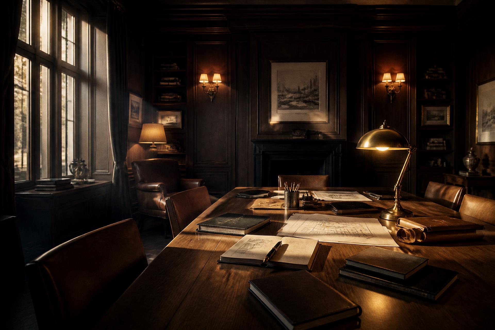 A private wood-panelled working room with notebooks, drafting tools and morning light